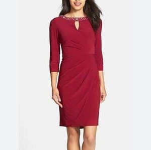 Alex Evenings Rouge Red Embellished Neck Ruched Matte Jersey Sheath Dress